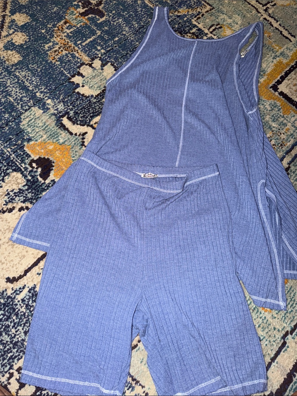 Blue Ribbed Tank & Bike Short Set. Free People